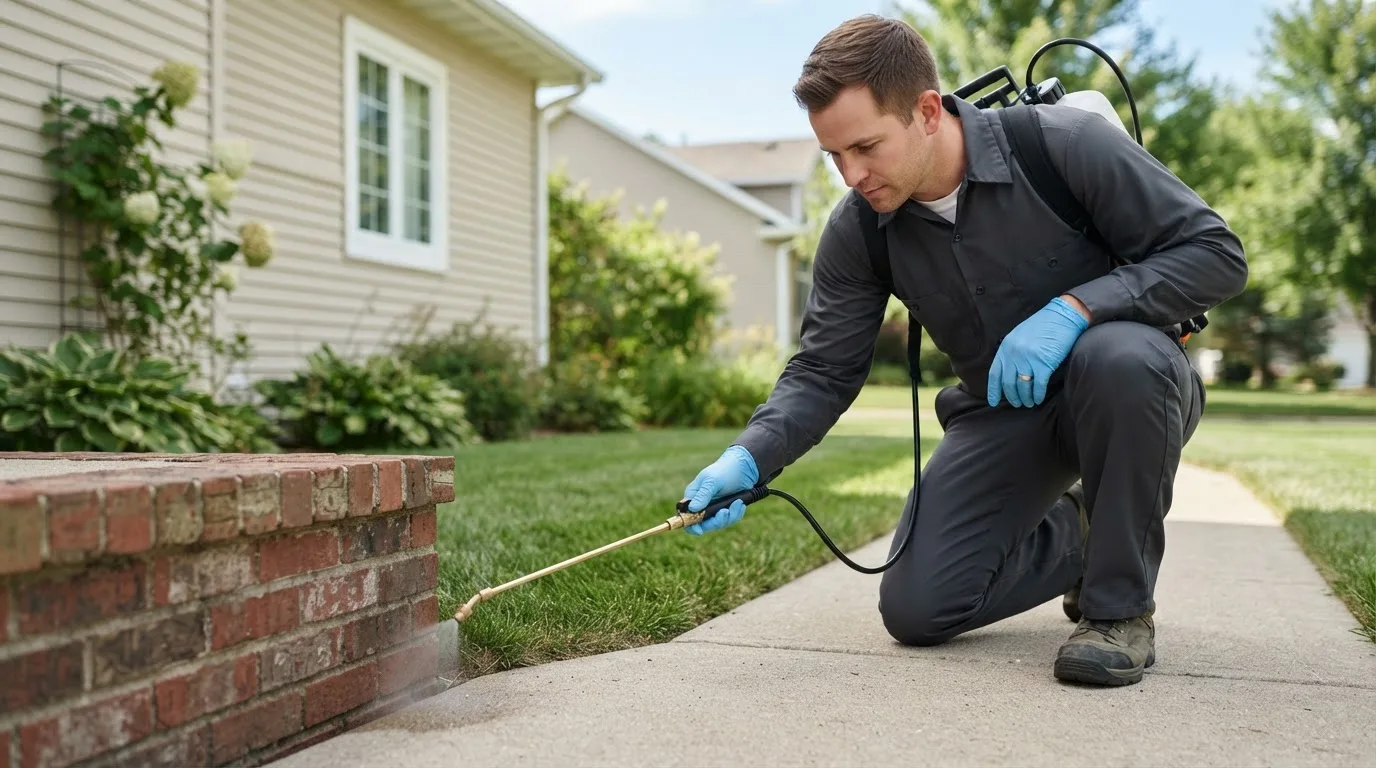 Pest control technician treating a home near Belmore, OH