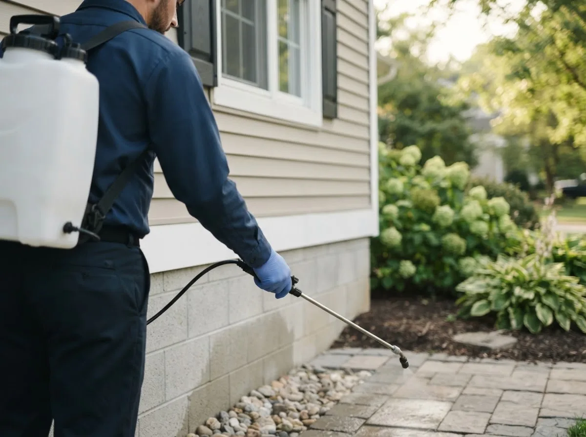 Pest control technician inspecting a home in Belmore, OH